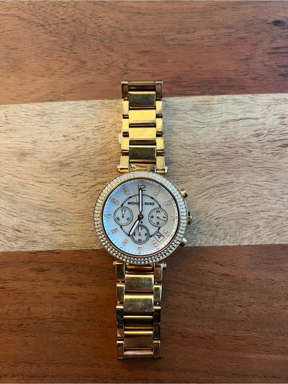 Michael Kors Rose Gold and White Crystal Bezel Women's Watch (needs new battery)